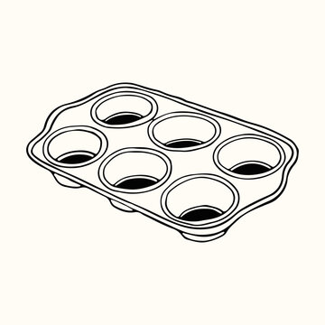 A six cup muffin or cupcake baking pan is drawn in a minimalist line art style. This hand drawn vector illustration is perfect for recipes, bakery menus, and home cooking blogs