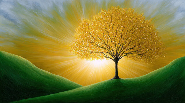 A radiant tree standing tall, with a glowing sun peeking over the hills