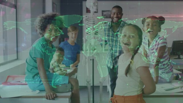 Teacher with students engaging in education as green holo world map appearing, drifting by skeleton