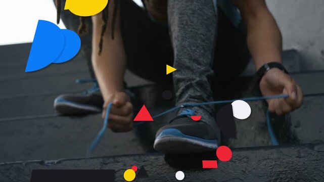 Woman runner reaching shoe, tying blue laces prepping for sports run as shapes drifting over hands