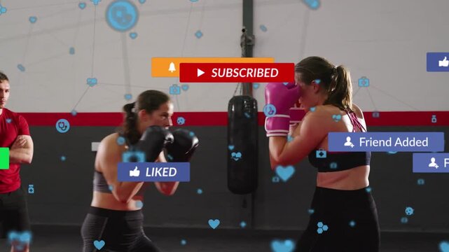 Right boxer throwing jabs initiating fitness, duo blocking countering kicking low, overlays hiding