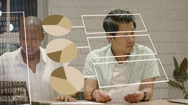 Woman pointing at paper and causing overlays, both analyzing business data on laptop charts