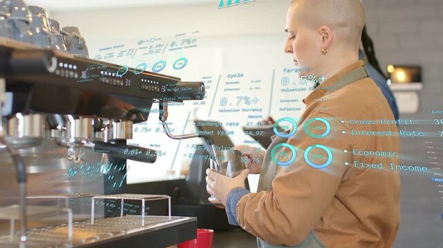 Woman barista engaging steam wand, frothing milk vortex for cafe latte while HUD tracking hand