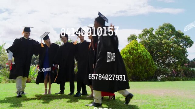 Seven graduates embracing on cue, raising diplomas and posing for camera, watermark appearing