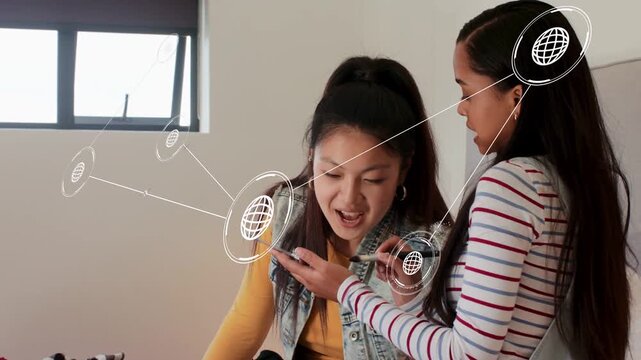 Standing woman showing phone brushing eye seated woman wincing laughing overlays moving makeup