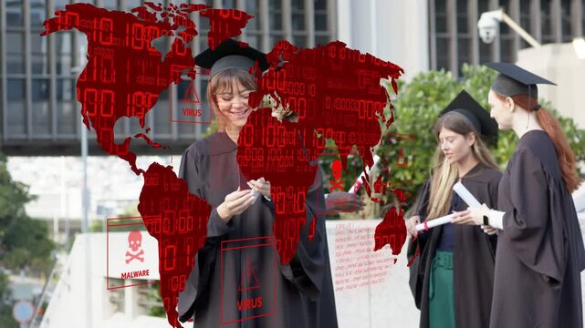 Central graduate checking phone after alert while peers fixing caps, cyber overlay showing malware