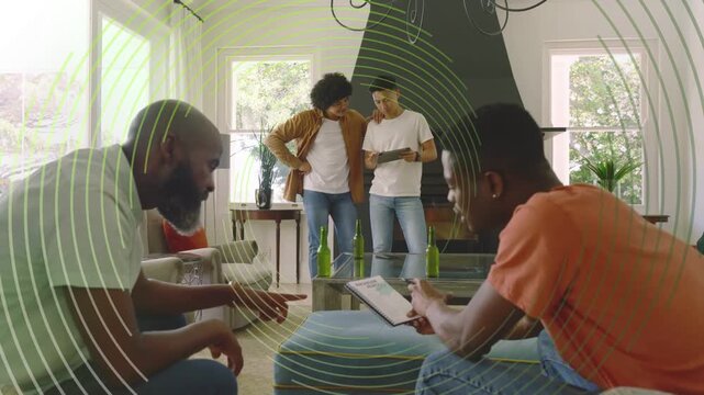Four men leaning in, one pointing tablet while seated duo passing booklet, circles aiding marketing