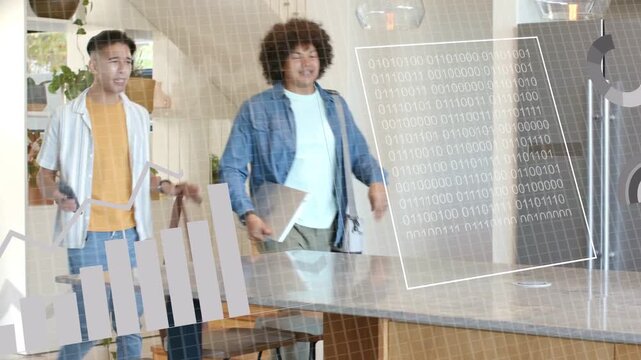 Two men entering kitchen placing bag and tablet initiating AR charts analysing data comparing items