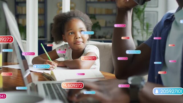 Daughter watching father taking phone call as animated alerts float, daughter writing homework