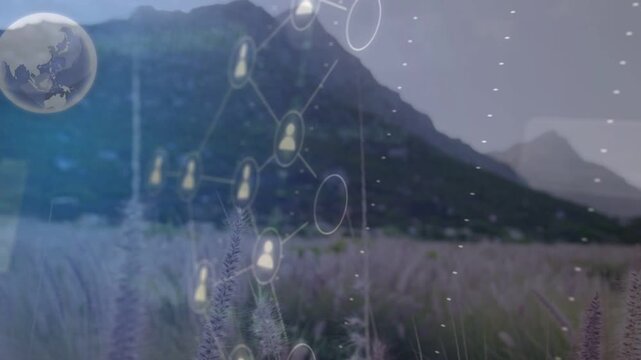 Overlay appearing from left, phone and nodes forming links, card rising, mapping network over field