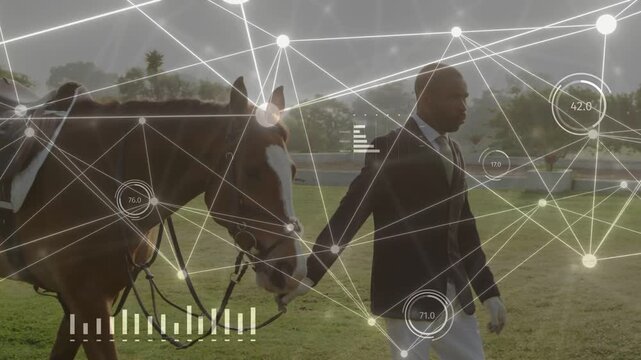 Man leading horse in field, AR nodes appearing, moving and placing torso or head gauges for monitori