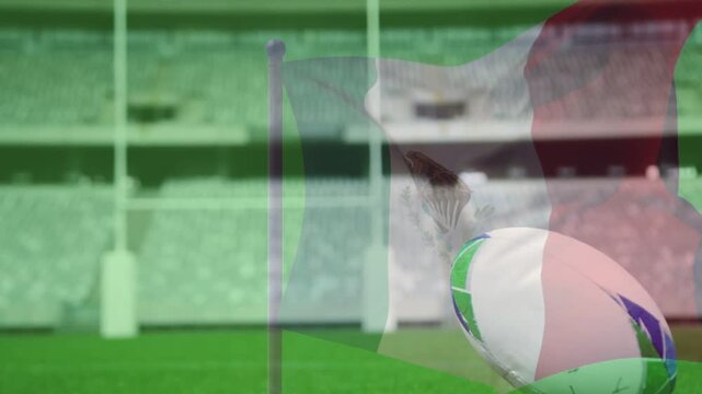 Tricolor flag sweeping starts person overlay while oval ball angling on tee, forming national promo