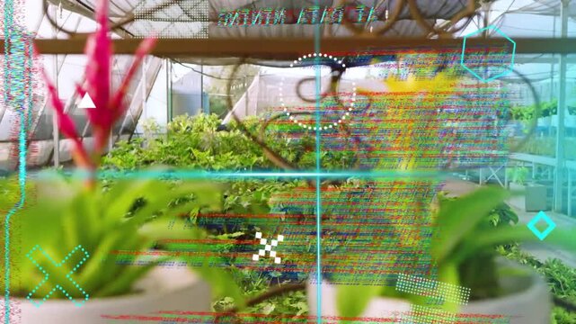 Camera drifting forward right, bringing pot forward, HUD glitching, resetting to reveal plants