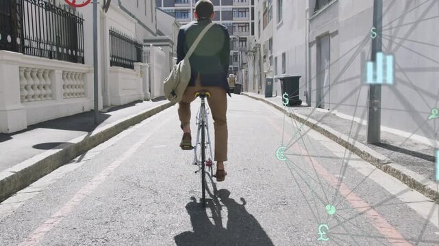 Male cyclist riding urban lane, finance overlays appearing and matching rider, showing portfolio