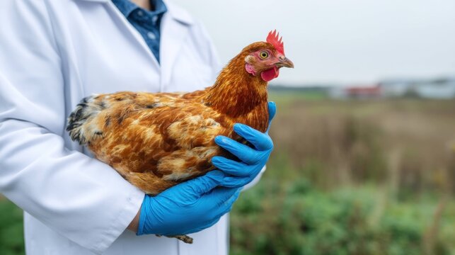 Veterinarian holding brown chicken with blue gloves outdoors, health inspection and animal care in farm environment, poultry examination and livestock management.