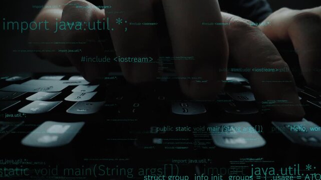 Close-up of hands typing on a laptop keyboard, surrounded by programming syntax. An inspiring image of coding in a digital workspace, highlighting technology and creativity. Xenic