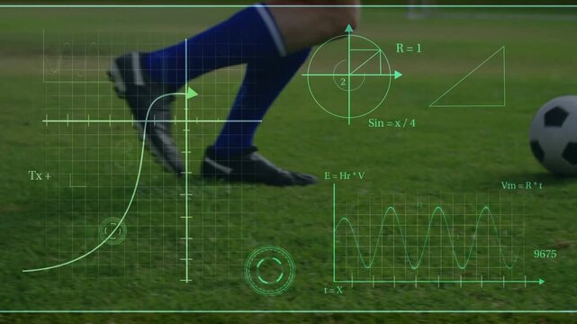 Male player nearing ball dribbling then kicking on sports pitch activating HUD measuring speed kmh