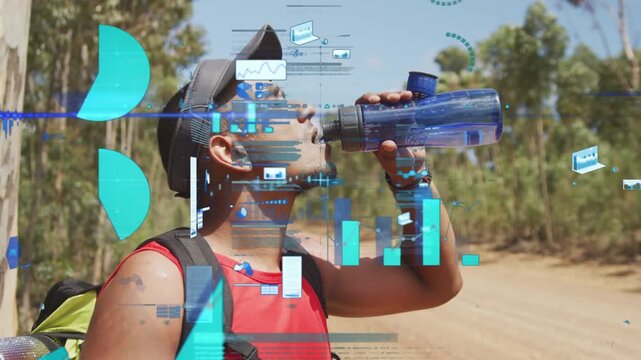 Hiker pausing on trail, drinking bottle for health while teal HUD charts overlaying and shifting