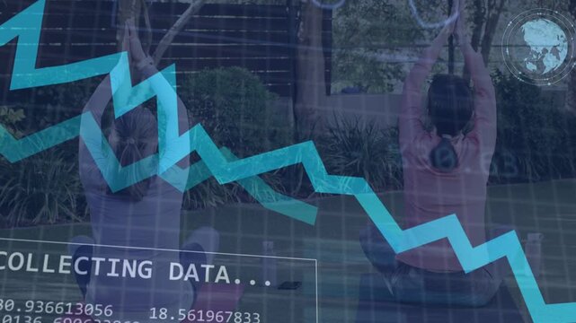 Mother-daughter sitting on mats, raising arms causing HUD collecting fitness data animating chart