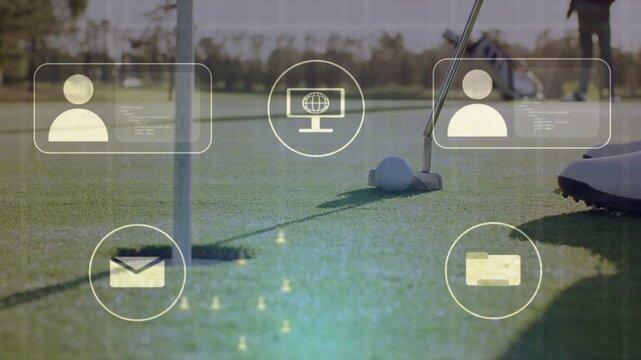 Data feed starting, golfer watching, UI nodes animating around putter and ball, offering golf data