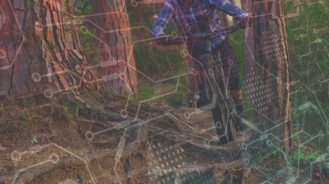 Biker entering gap, navigating roots, grate, shifting weight to control, tech overlay tracing rider