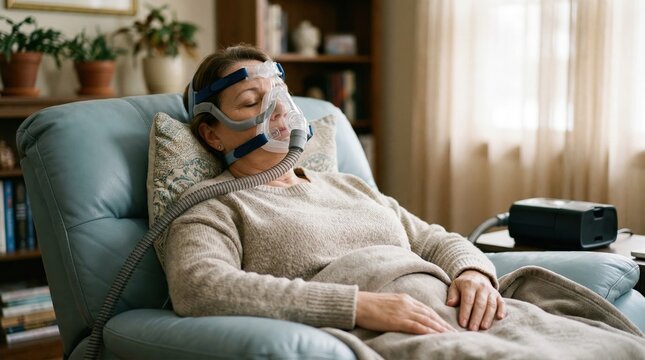 Medium shot of a relaxed patient wearing a fullface BiPAP mask indoors with subtle background defocus emphasizing comfort and temporary therapy during rental period