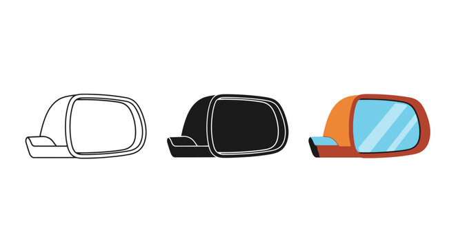 A vector graphic illustration showcasing three distinct styles of car side view mirrors presented in a clean design