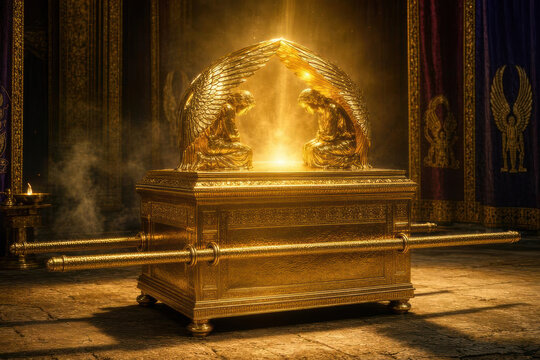 Sacred Ark of the Covenant in the Dark Holy of Holies with Golden Cherubim Bowing in Reverence and Divine Shekinah Light Pillar, Mystical Biblical Tabernacle Scene with Embroidered Cherubim Curtains