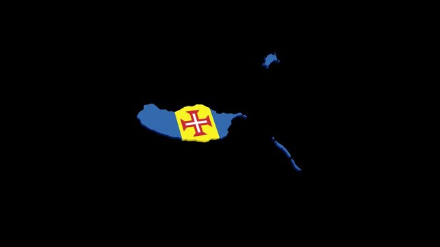 Madeira Geographic Map Animation Filled with National Flag, Alpha Channel Included