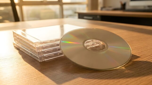 Stack of blank CD cases with a single shiny CD disc in front on a wooden desk