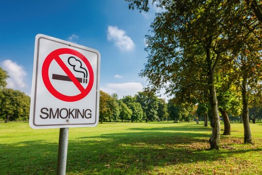 A no smoking sign stands in a sunny park with green grass and trees