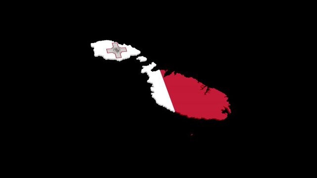 Malta Geographic Map Animation Filled with National Flag, Alpha Channel Included