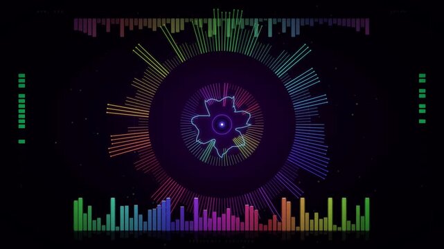Colorful neon digital audio spectrum equalizer frequency analyzer interface