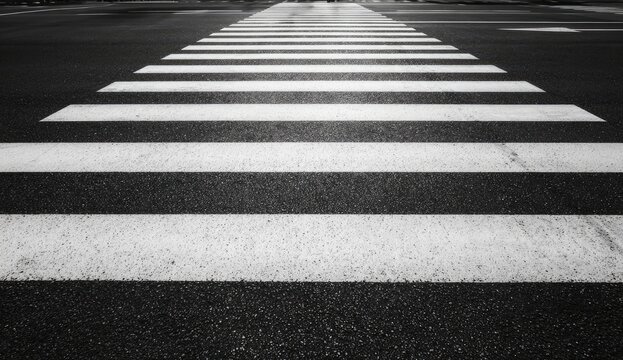 Stark black and white close-up of a pedestrian crossing on asphalt
