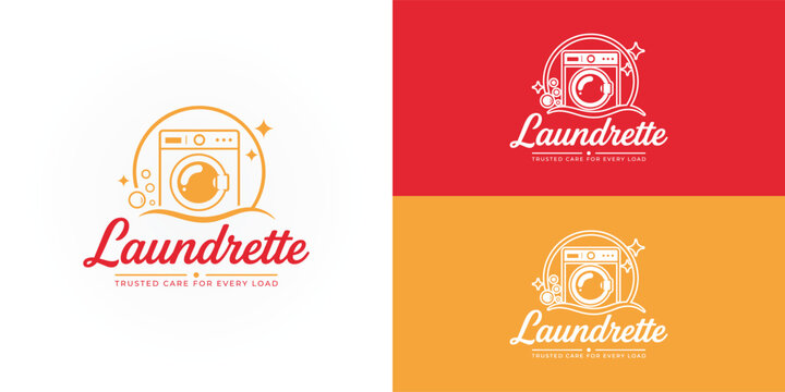 A modern laundromat logo featuring a washer icon, bubbles, and sparkling accents in a warm shade of orange. Bold red script lettering and a clean tagline convey trust, cleanliness, and reliability.