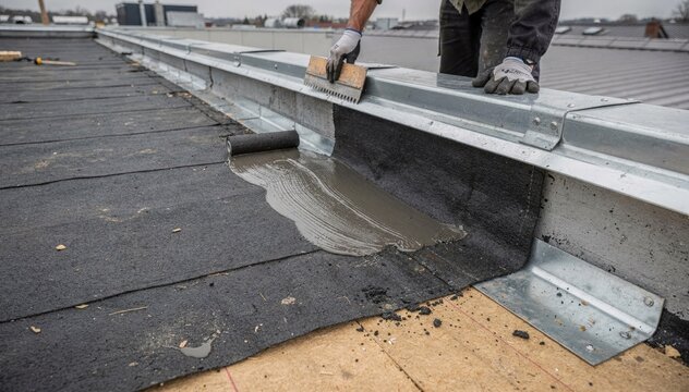 Coldapplied modified bitumen roofing with parapet detail in medium shot emphasizing adhesive spread and secure edge flashing on commercial building.