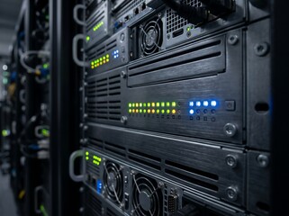 Fototapeta premium Ultra realistic close-up of a server rack with illuminated status lights, symbolizing data storage and network infrastructure