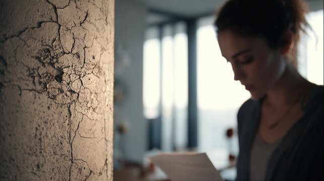 Interior wall with visible cracks and textured paint showing signs of age and deterioration, illuminated by subtle shadows