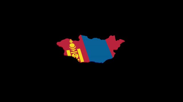 Mongolia Geographic Map Animation Filled with National Flag, Alpha Channel Included