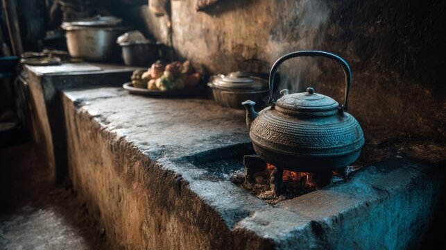 Rustic kitchen scene featuring a traditional stove, cast iron kettle, cooking pots, and simple rustic decor, evoking a sense of nostalgia and homeliness