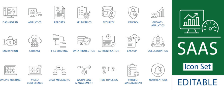SaaS and Cloud Computing Icon Set: Professional Software as a Service, Network Server, Data Integration, Automated Workflow, Cloud Hosting, Infrastructure Management, and Digital Technology Line Icons