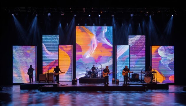 Live stage performance with vibrant led video wall displaying abstract colorful patterns and silhouettes of musicians