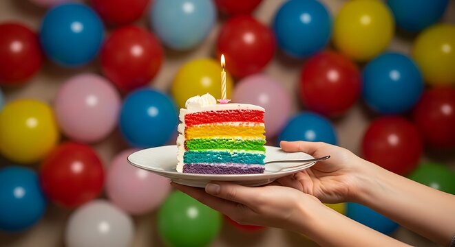 Colorful rainbow birthday cake slice with a candle on a festive balloon background
