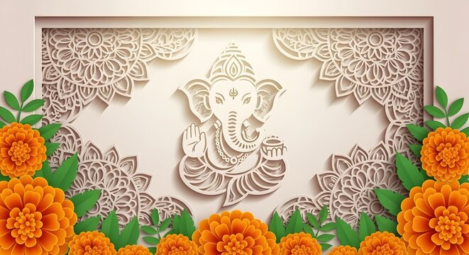 Paper Cutout Lord Ganesha Decorative Frame with Marigold Flowers Greeting