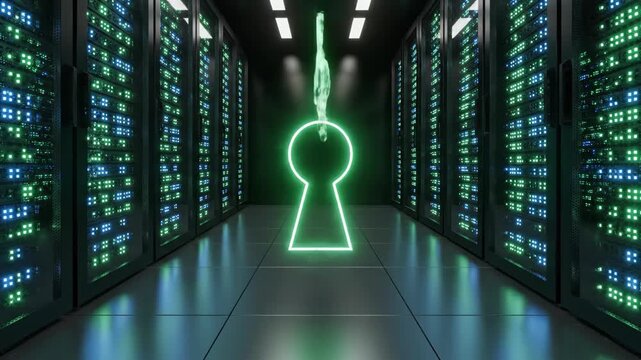 A futuristic server room with neon green glowing figure in the center