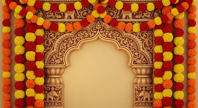 Ornate Indian archway frame decorated with traditional marigold flowers