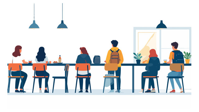 Students sitting at long table studying together in modern classroom, flat design vector illustration