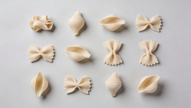 Different types of dry Italian pasta layout. Assorted uncooked farfalle and conchiglie pasta pattern on gray background, top view