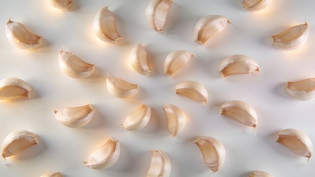 Group of organic garlic cloves pattern background. Fresh raw garlic cloves arranged on white surface, top view