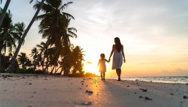 Silhouette of a loving mother and child walking hand-in-hand along a serene tropical beach during a breathtaking golden hour sunset, evoking warmth and togetherness, symbolizing a perfect family vacat